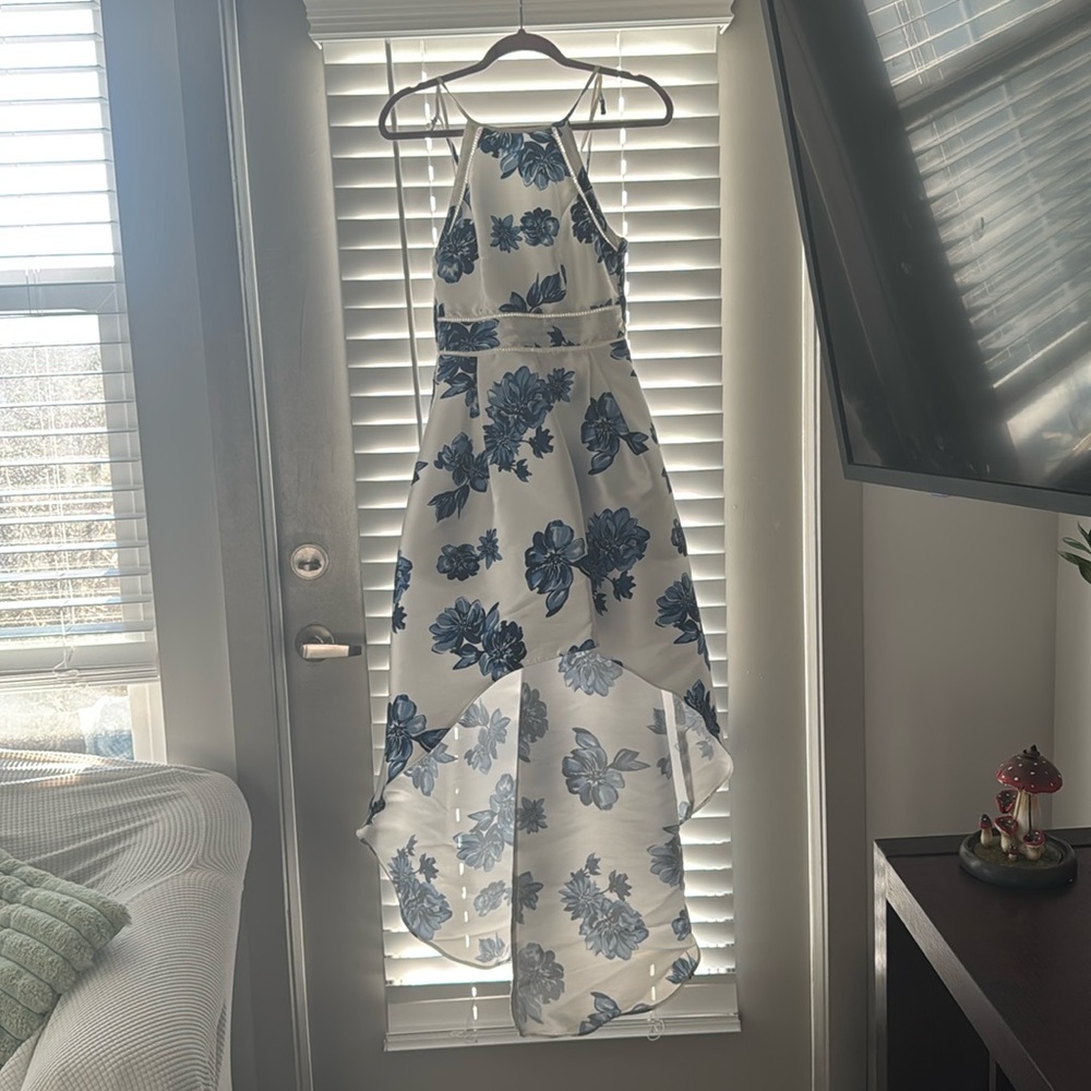 White prom/homecoming dress with blue flowers